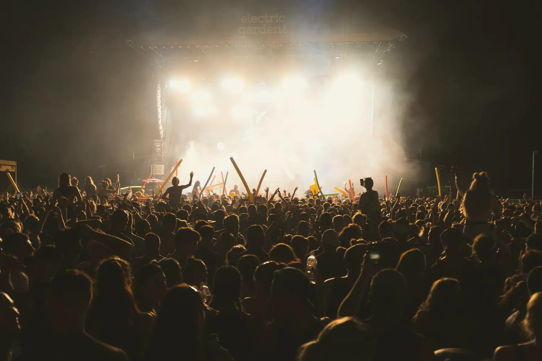 Crowd in front of a smoky, brightly lit stage